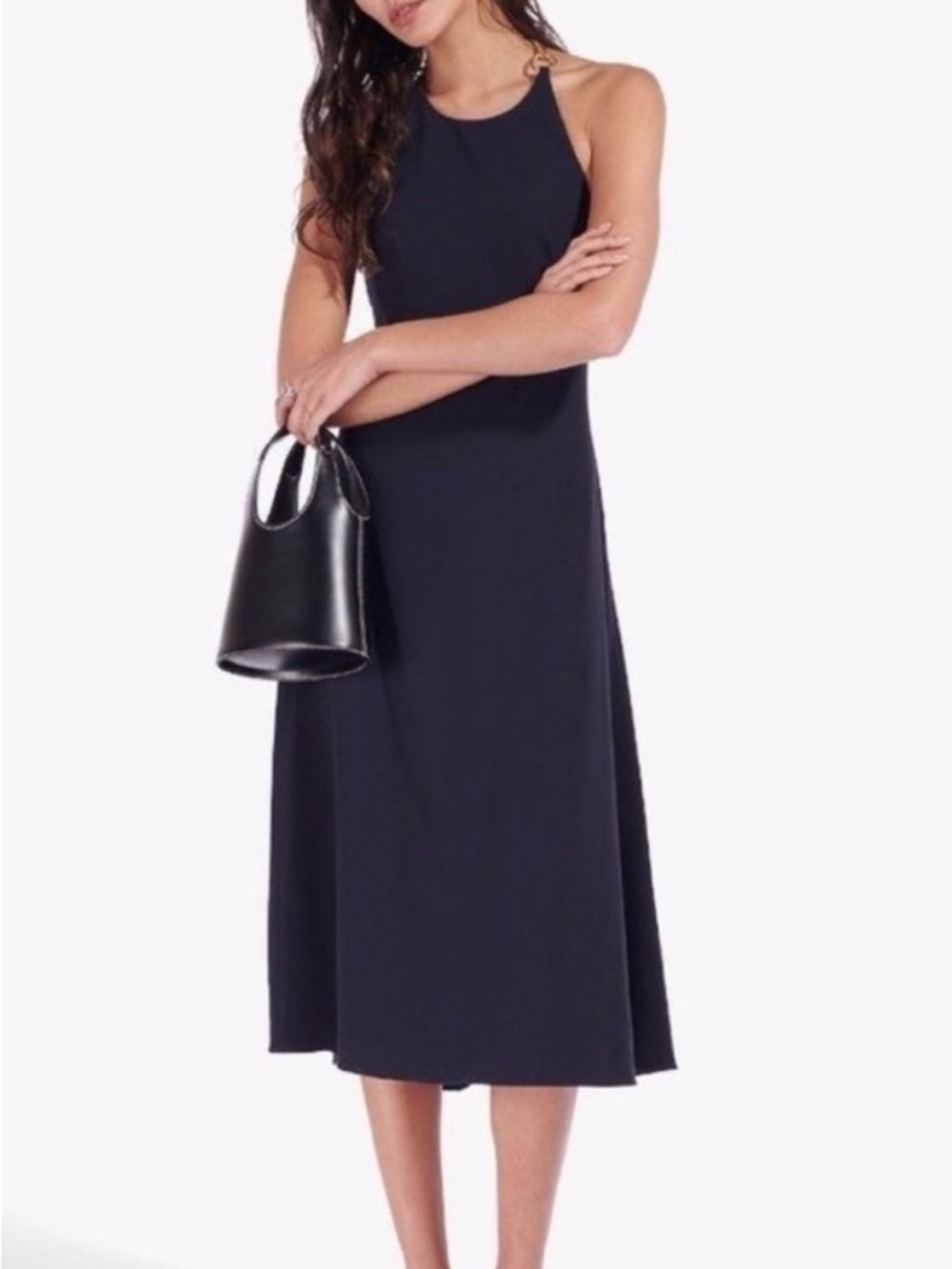 STAUD Navy Moritz Gold Chain Halter Midi Dress